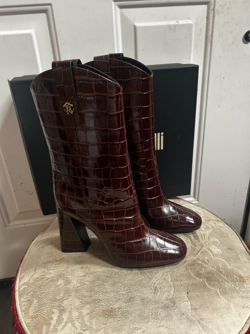 Roberto Cavalli Women’s Croc-Embossed Brown Block Heel Boots Sz 41